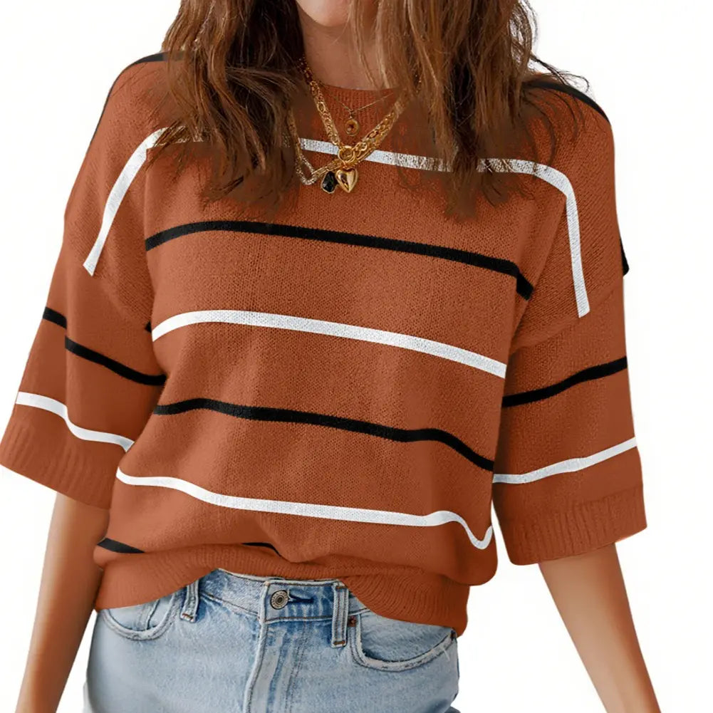 Women's Striped Knit Short Sleeve Sweater – Casual Loose Fit Crew Neck Pullover Top, Lightweight Everyday Wear