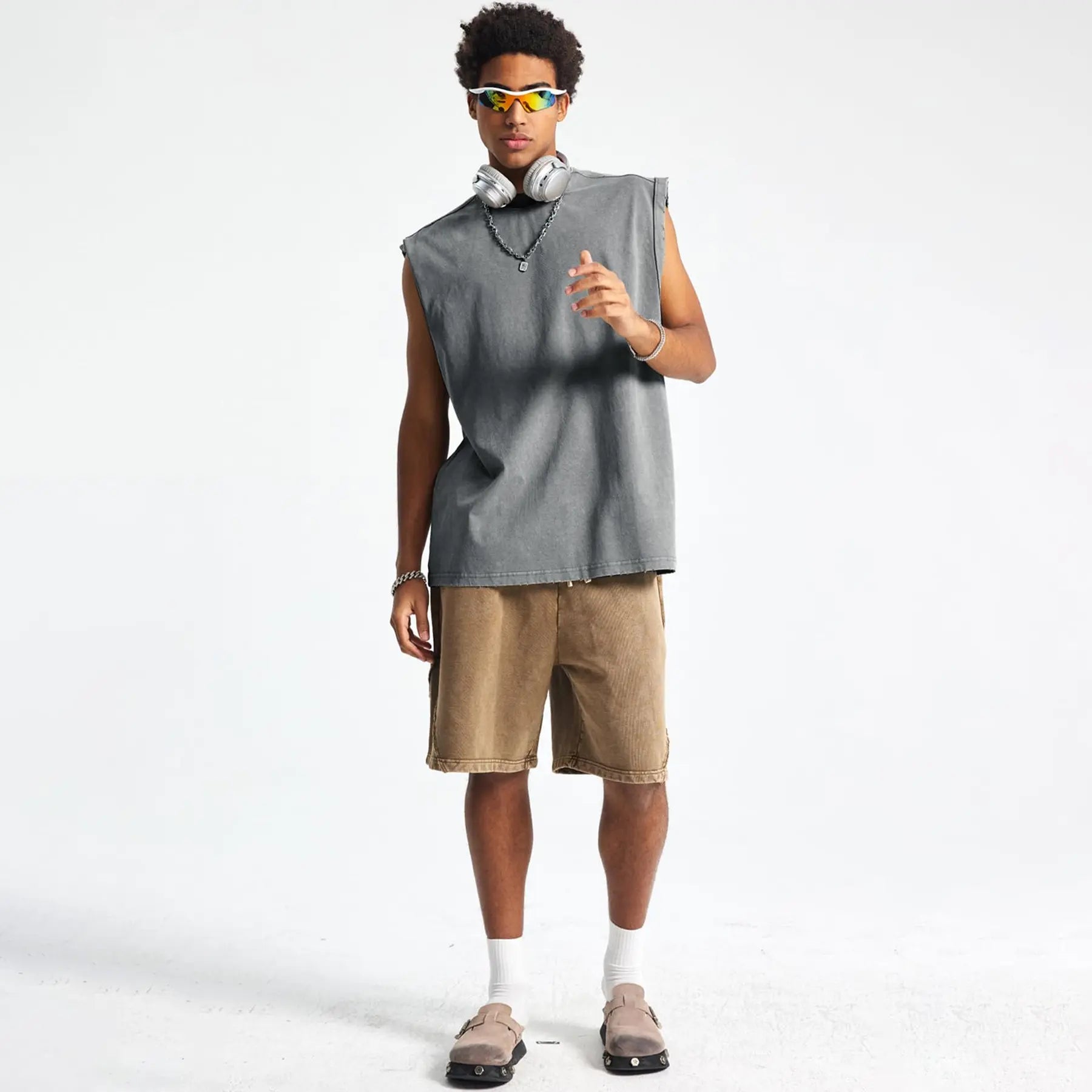 Men's Vintage Washed Oversized Tank Top – Cotton Sleeveless Muscle Shirt for Gym, Workout & Casual Streetwear