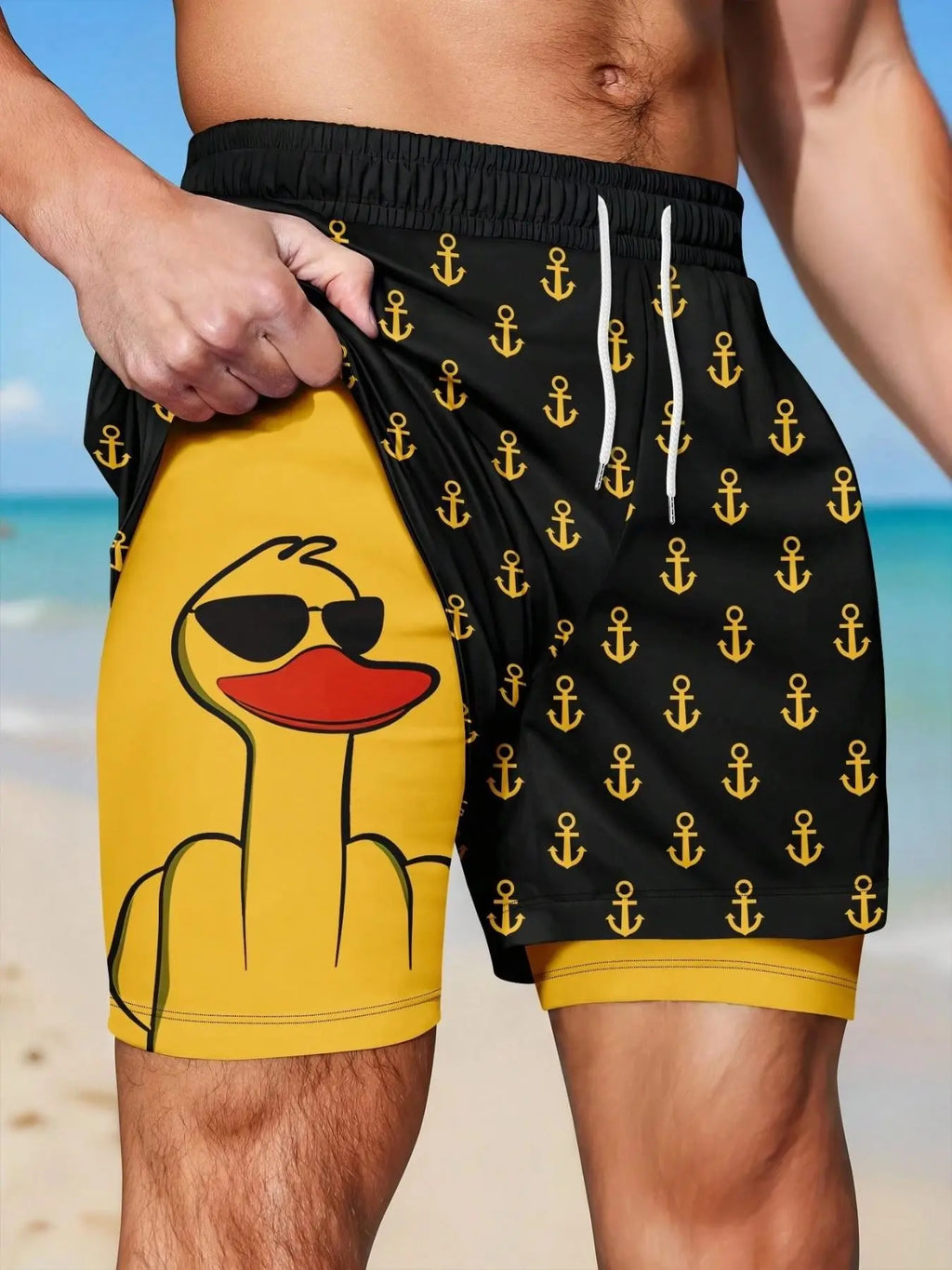 Men's 2-in-1 Funny Duck Swim Shorts – Quick Dry Beach Trunks with Anchor Print, Drawstring Waist for Summer Vacation