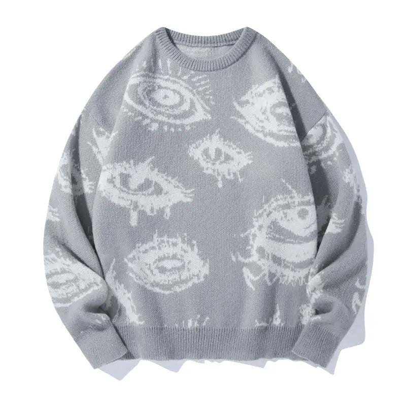 Men’s All-Over Eye Graphic Knit Sweater – Gothic Y2K Crew Neck Pullover, Oversized Streetwear Sweater for Fall & Winter