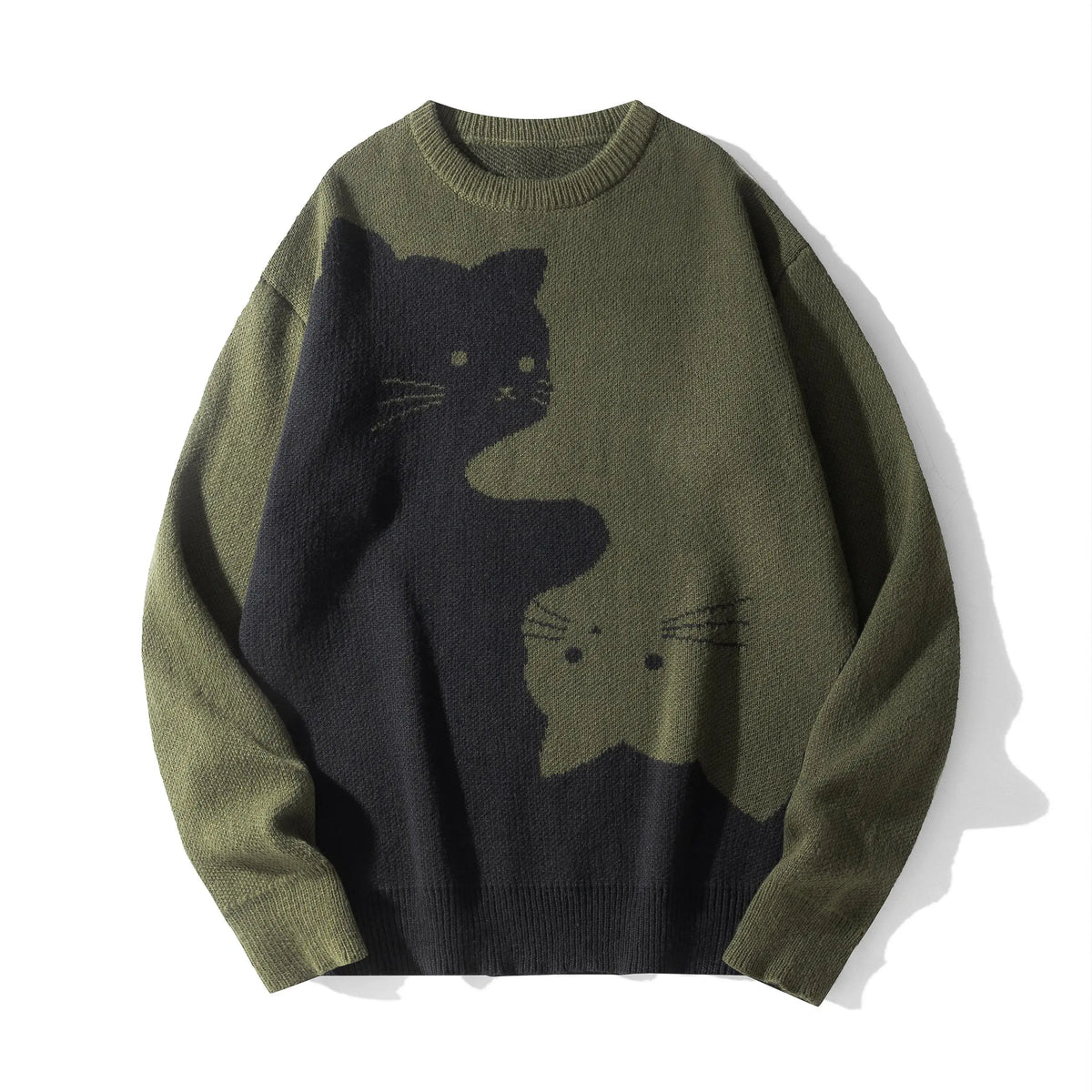 Funny Cat Graphic Knit Sweater – Oversized Crew Neck Pullover, Cute Black & White Cat Pattern Long Sleeve Knitwear, Casual Cozy Fall Winter Streetwear
