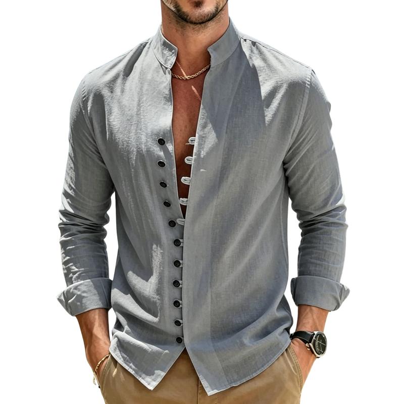 Men’s Stand Collar Linen Shirt – Button Front Long Sleeve Casual Shirt, Minimalist Summer Resort Style