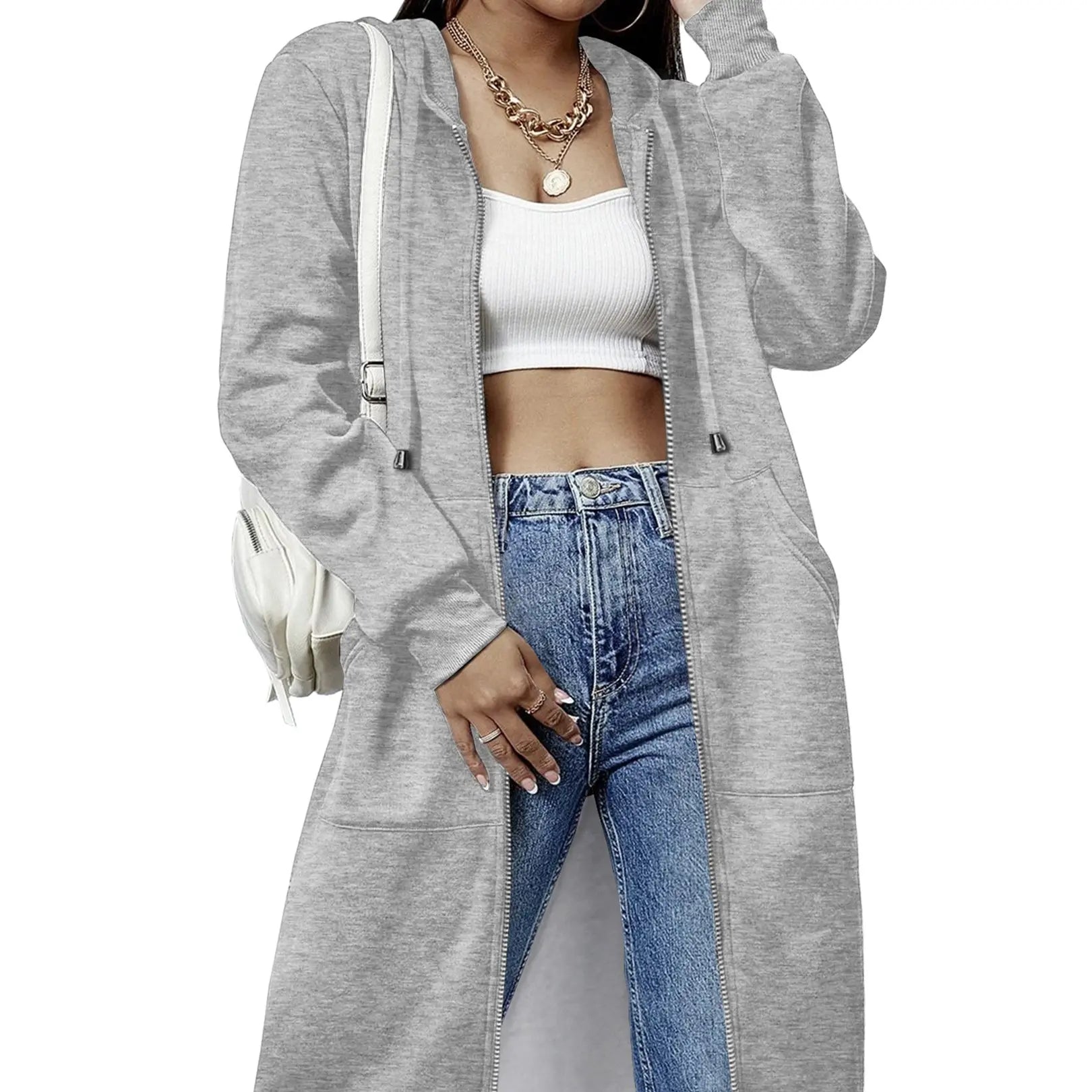 Women's Long Zip Up Hoodie Jacket – Casual Hooded Sweatshirt Coat, Longline Streetwear Outerwear for Fall & Everyday Wear
