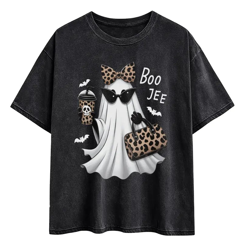 Boo-Jee Ghost Graphic T-Shirt, Sweatshirt & Hoodie – Leopard Print Halloween Ghost Design, Funny Fall Streetwear Apparel