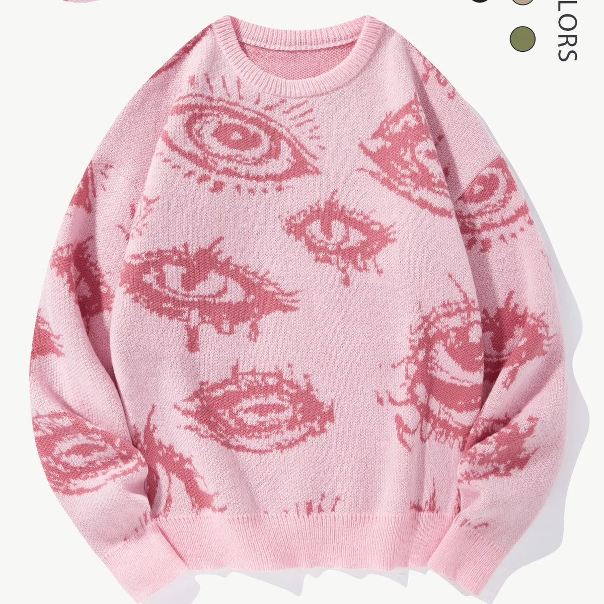 Men’s All-Over Eye Graphic Knit Sweater – Gothic Y2K Crew Neck Pullover, Oversized Streetwear Sweater for Fall & Winter