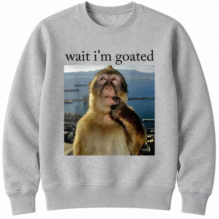 Wait I’m Goated Graphic T-Shirt, Sweatshirt & Hoodie – Funny Thinking Monkey Meme Print, Viral Brainrot Humor Apparel