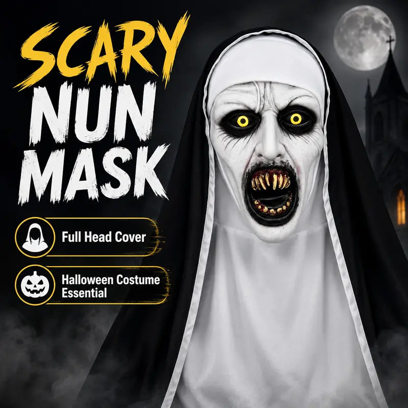 Scary Nun Halloween Mask – Creepy Full Head Horror Mask with Yellow Eyes & Fangs, Halloween Costume & Cosplay