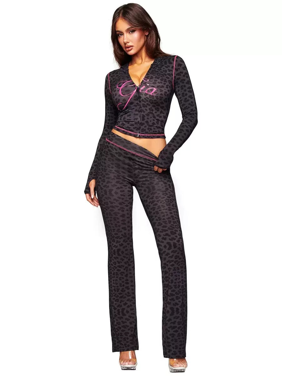Women's Y2K Dark Leopard Zip Up Hoodie – Slim Fit Printed Hooded Jacket, Vintage Streetwear Fashion Top