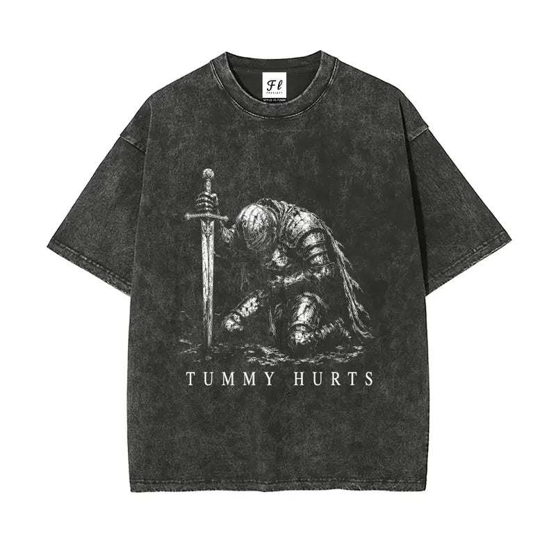 Tummy Hurts Kneeling Knight T-Shirt, Sweatshirt & Hoodie – Funny Medieval Dark Fantasy Graphic Apparel
