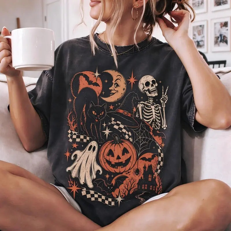 Retro Halloween Black Cat Ghost & Skeleton T-Shirt, Sweatshirt & Hoodie – Spooky Cute Vintage Graphic Apparel