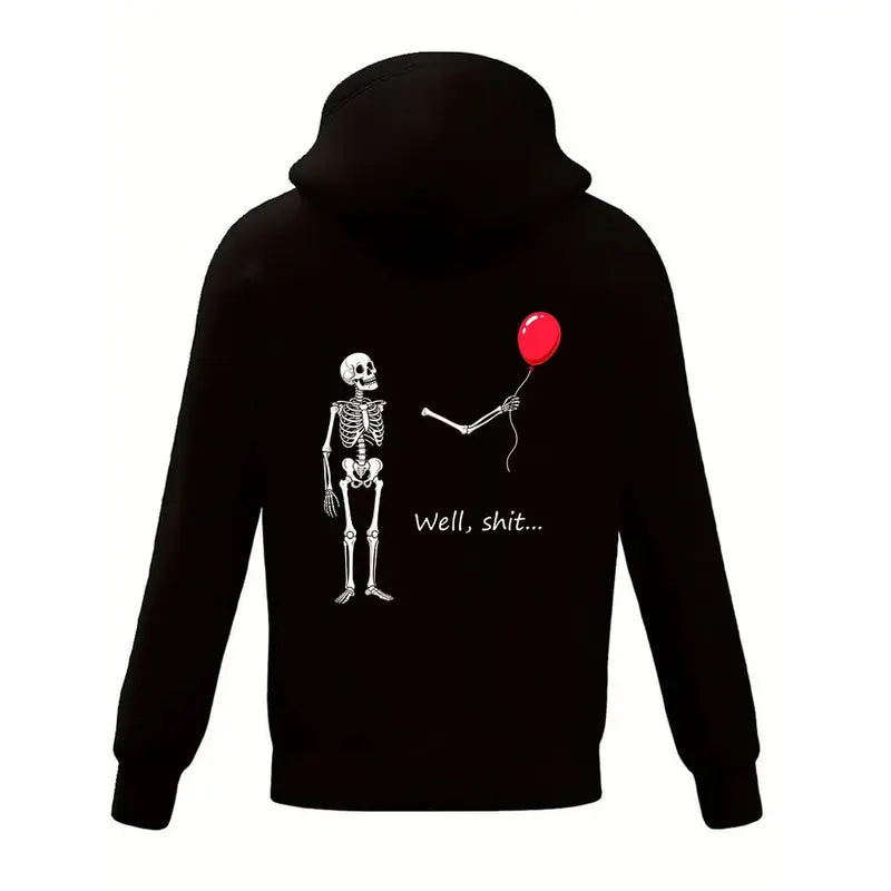 Well Shit Skeleton Balloon T-Shirt, Sweatshirt & Hoodie – Funny Dark Humor Skeleton Graphic, Red Balloon Halloween Design, Sarcastic Spooky Gift