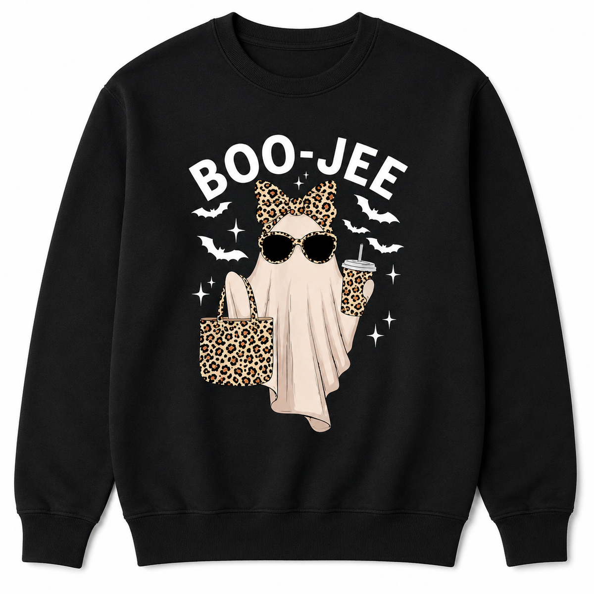 Boo-Jee Ghost Graphic T-Shirt, Sweatshirt & Hoodie – Leopard Print Halloween Ghost, Funny Coffee Spooky Season Apparel