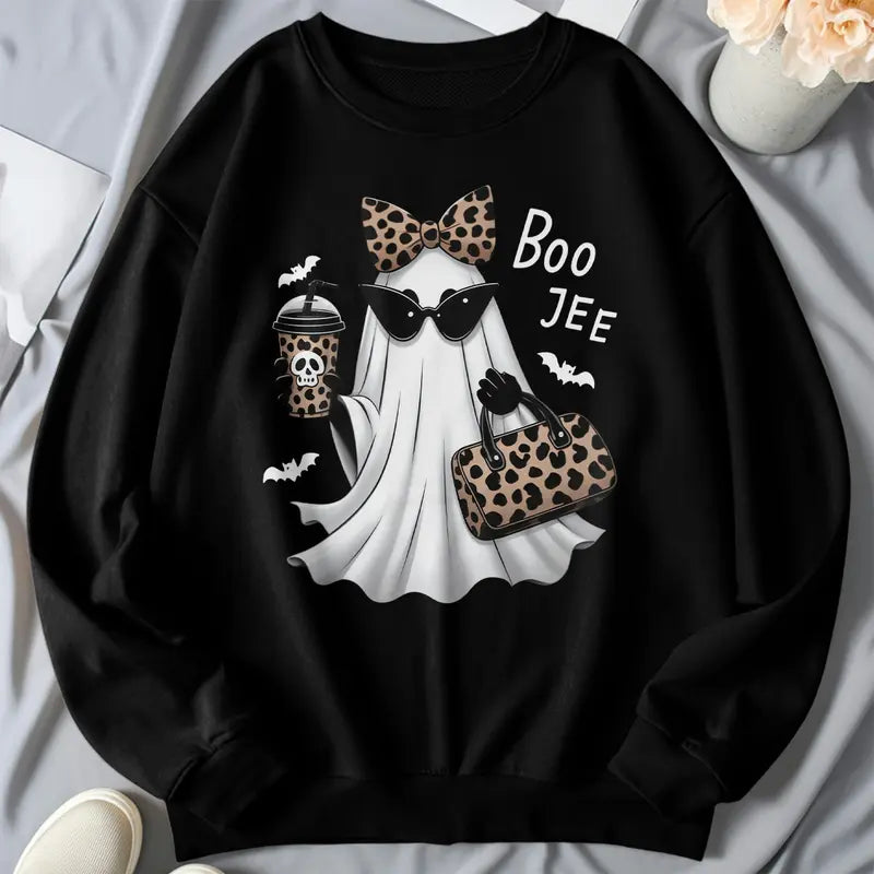 Boo-Jee Ghost Graphic T-Shirt, Sweatshirt & Hoodie – Leopard Print Halloween Ghost Design, Funny Fall Streetwear Apparel
