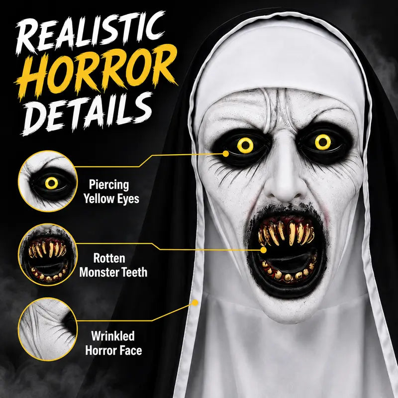 Scary Nun Halloween Mask – Creepy Full Head Horror Mask with Yellow Eyes & Fangs, Halloween Costume & Cosplay