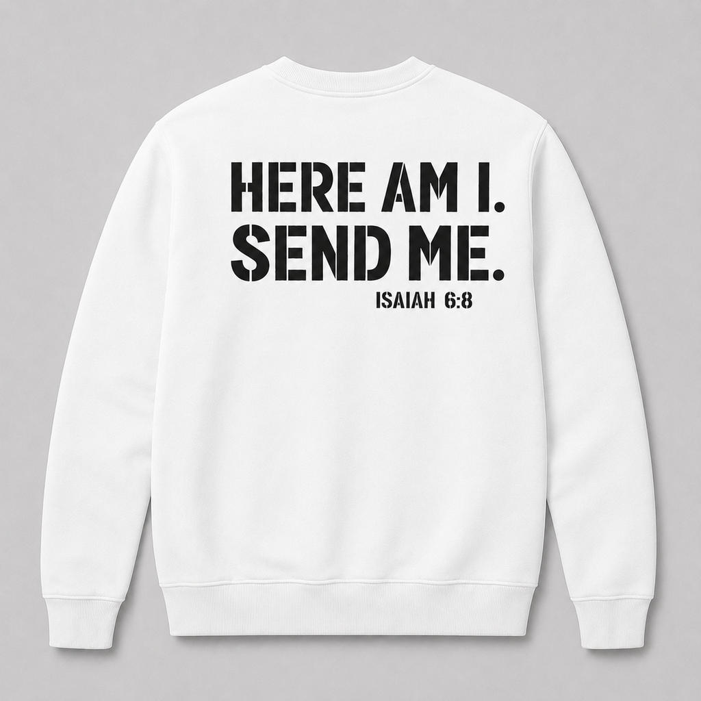 Here Am I Send Me Graphic T-Shirt, Sweatshirt & Hoodie – Isaiah 6:8 Christian Bible Verse Print, Faith Statement Apparel