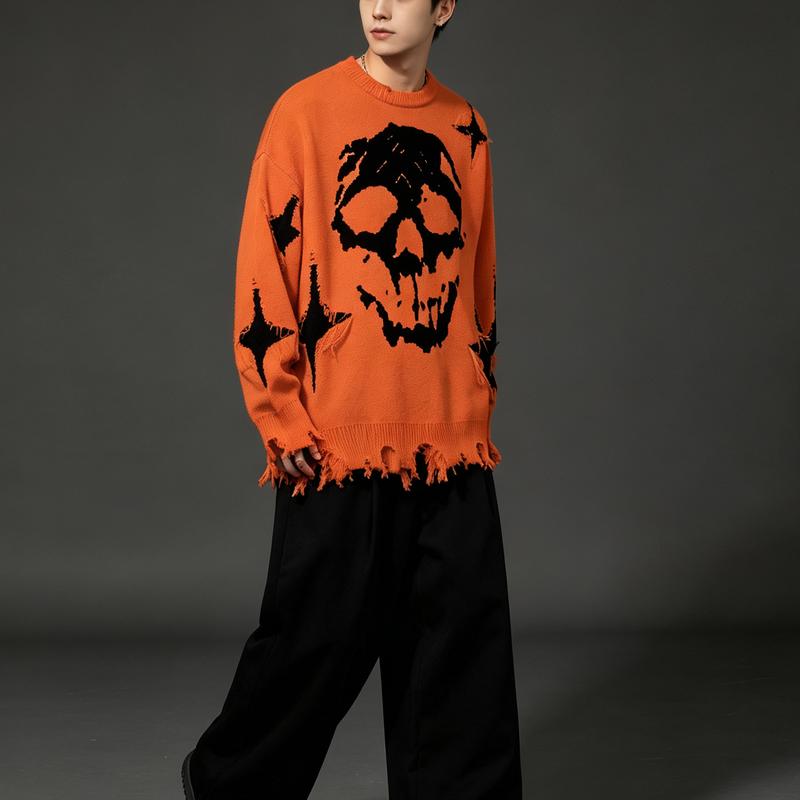 Vintage Distressed Skull Knit Sweater – Gothic Ripped Graphic Pullover, Alternative Streetwear