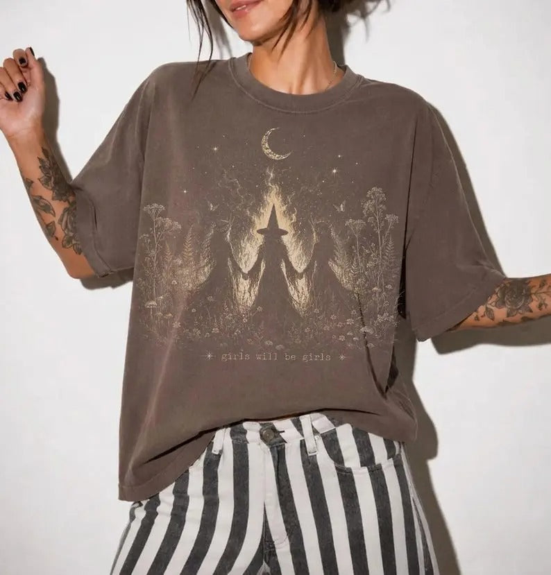 Girls Will Be Girls Witch Graphic T-Shirt, Sweatshirt & Hoodie – Halloween Witchy Spooky Season Tee