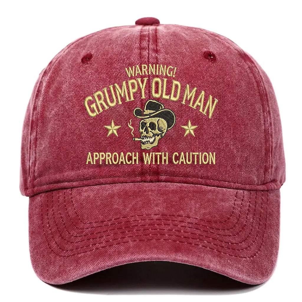 Grumpy Old Man Hat – Warning Approach with Caution Funny Baseball Cap, Vintage Washed Skull Dad Hat for Men