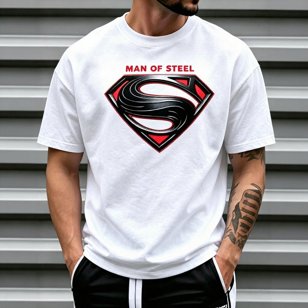 Man of Steel Graphic T-Shirt, Sweatshirt & Hoodie – Superhero Inspired S Shield Print, Retro Comic Streetwear Apparel
