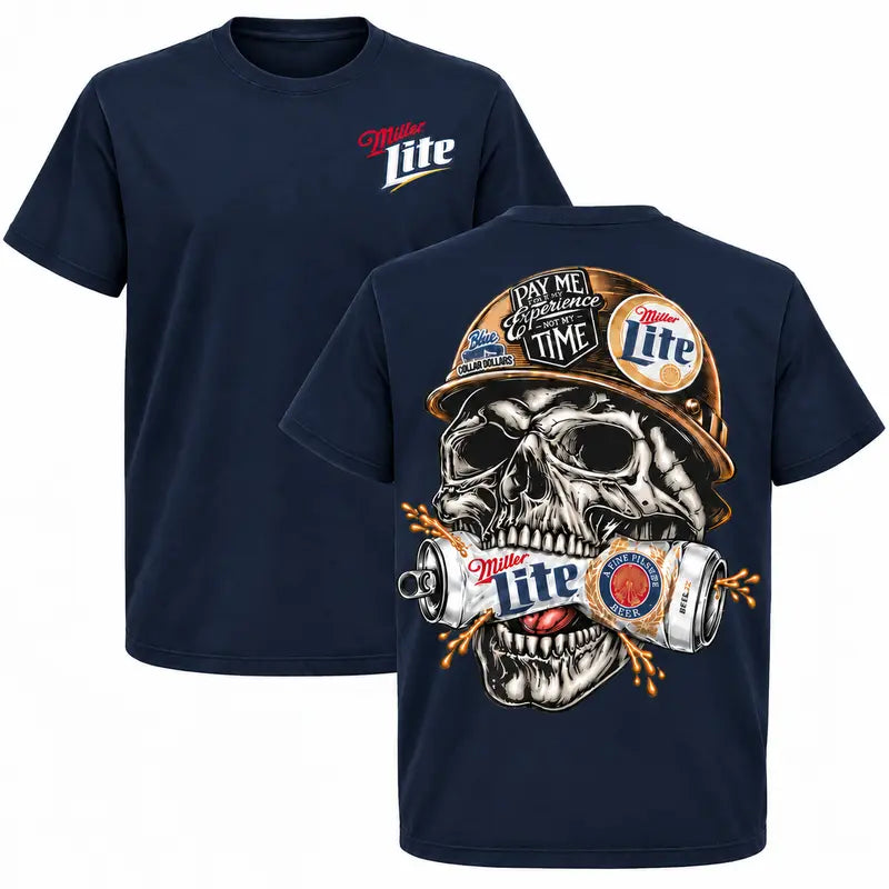 Miller Lite Skull Blue Collar Graphic T-Shirt, Sweatshirt & Hoodie – Beer Lover Workwear & Tradesman Graphic Apparel