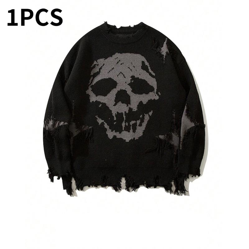Vintage Distressed Skull Knit Sweater – Gothic Ripped Graphic Pullover, Alternative Streetwear