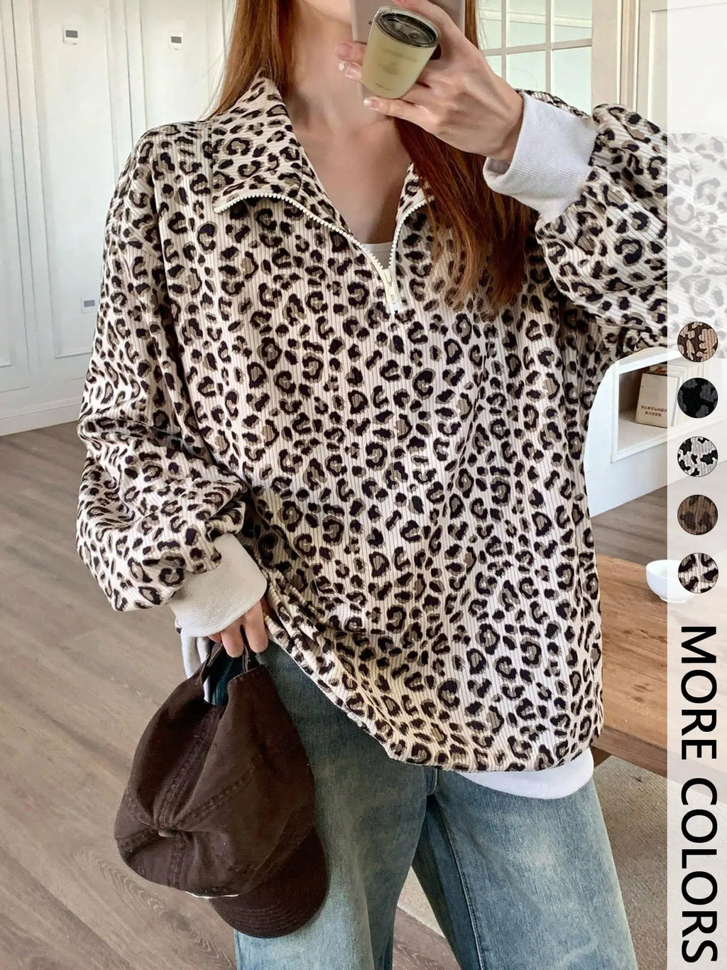 Women's Leopard Print Half Zip Pullover – Oversized Drop Shoulder Long Sleeve Top, Contrast Trim Casual Streetwear Sweatshirt