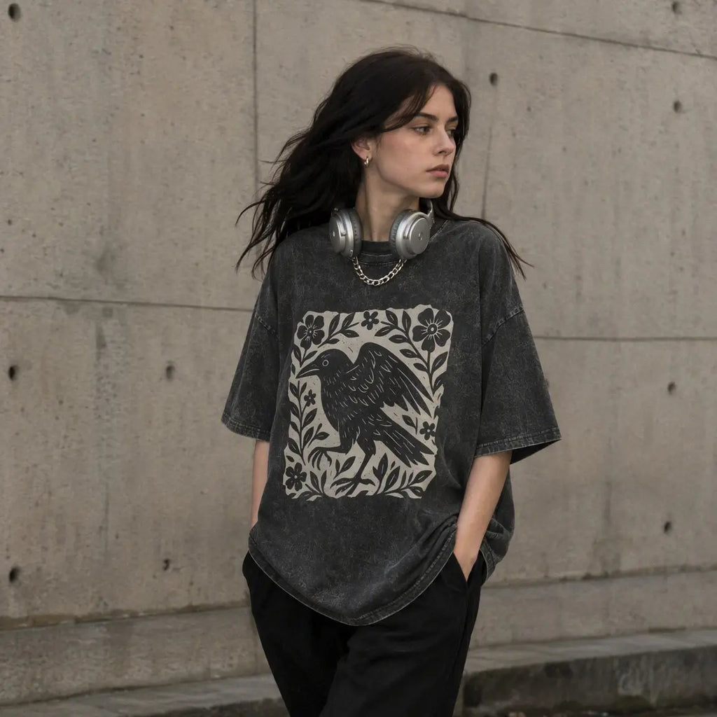Gothic Raven Floral T-Shirt, Sweatshirt & Hoodie – Vintage Linocut Crow Graphic, Dark Academia Witchy Style
