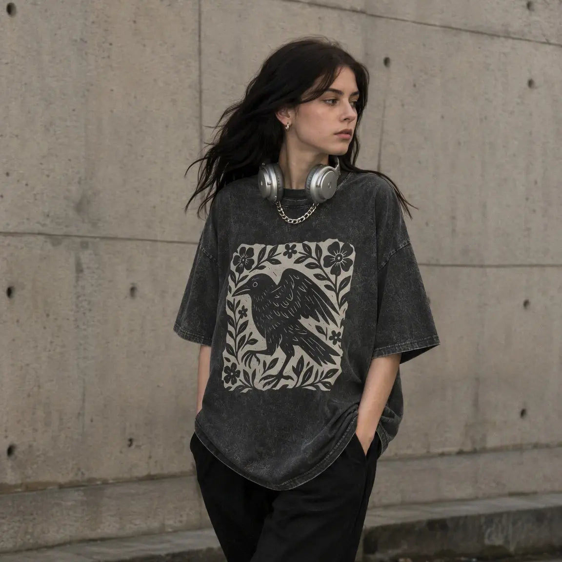 Gothic Raven Floral T-Shirt, Sweatshirt & Hoodie – Vintage Linocut Crow Graphic, Dark Academia Witchy Style