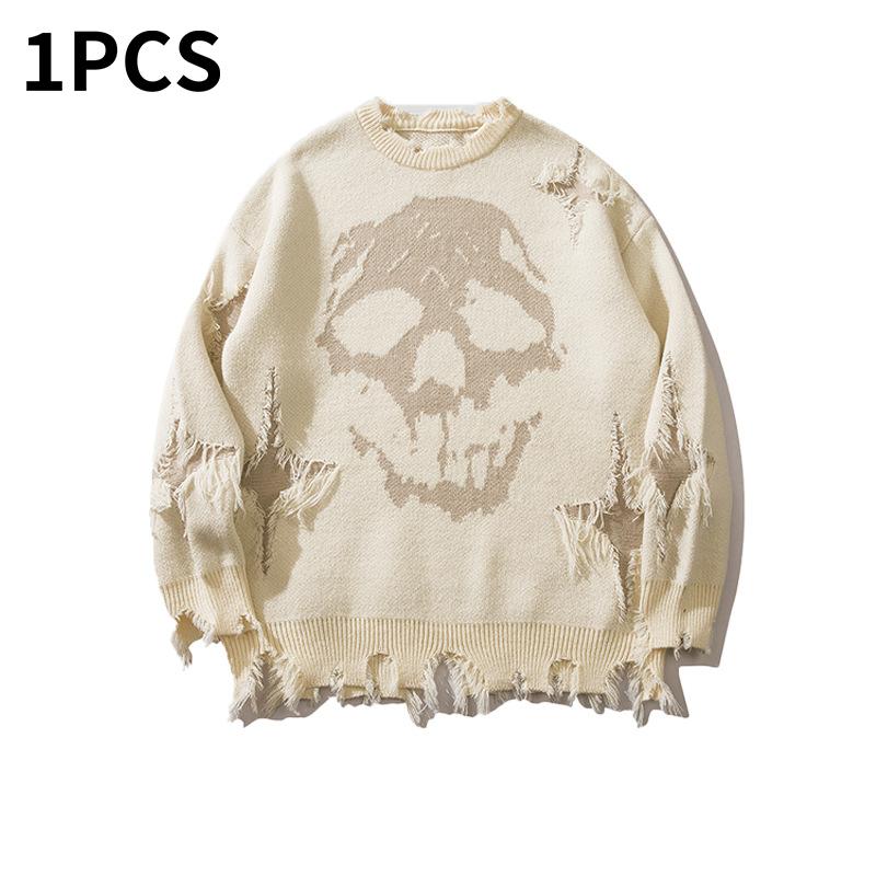 Vintage Distressed Skull Knit Sweater – Gothic Ripped Graphic Pullover, Alternative Streetwear