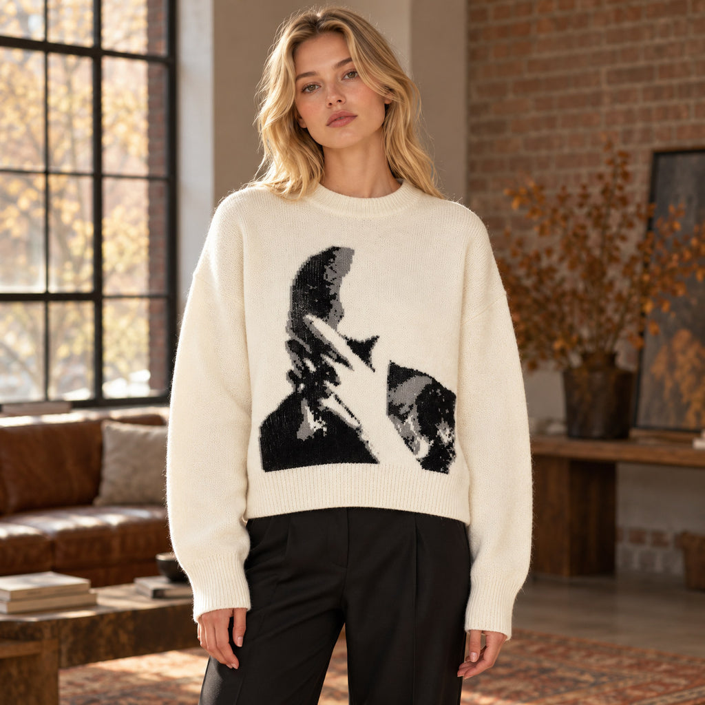 Vintage Figure Graphic Knit Sweater – Retro Art Round Neck Long Sleeve Pullover