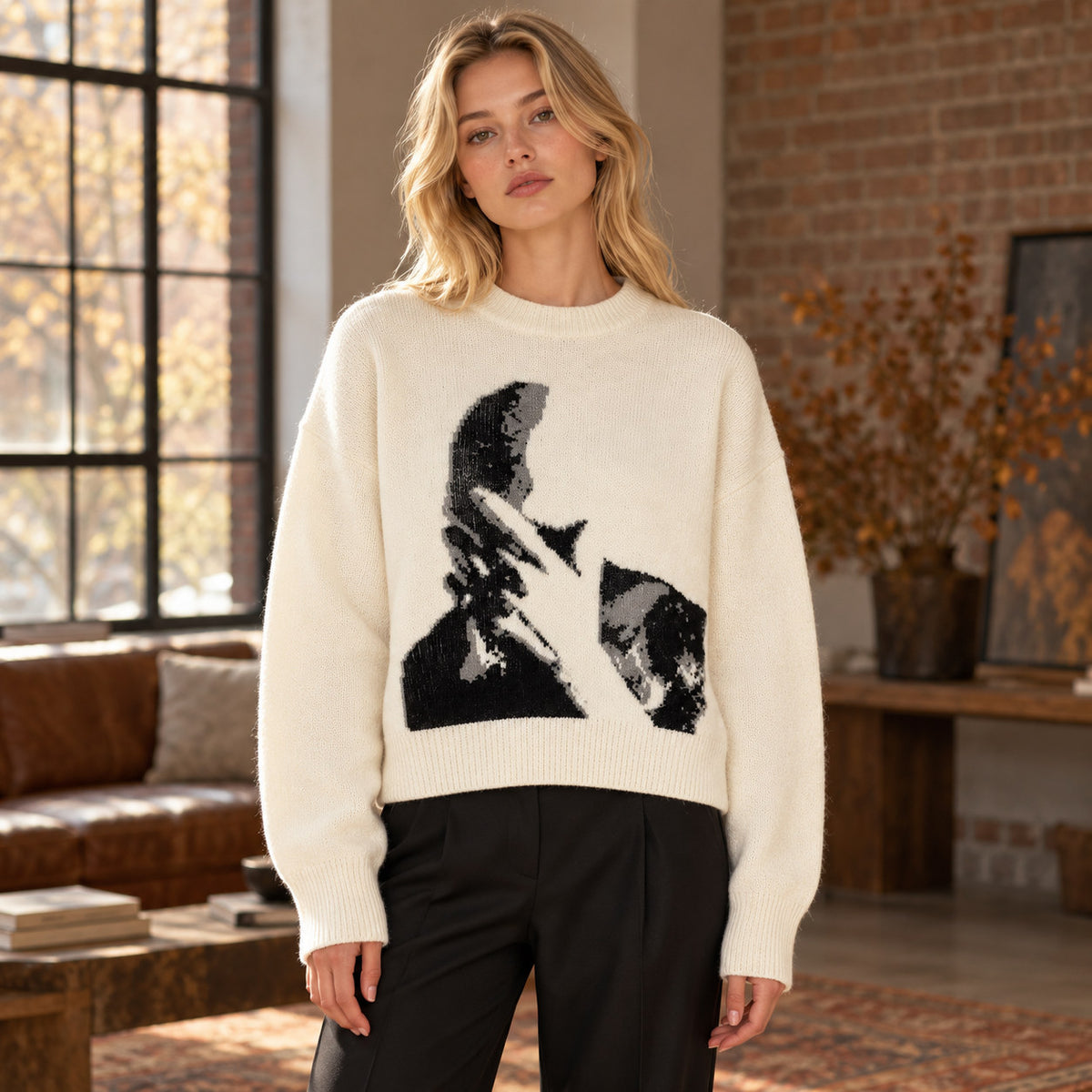 Vintage Figure Graphic Knit Sweater – Retro Art Round Neck Long Sleeve Pullover