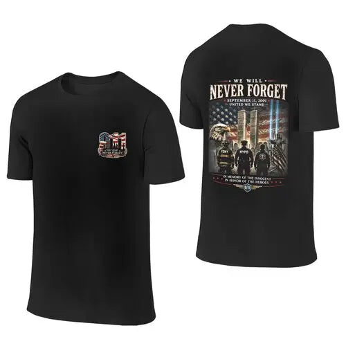 9/11 Never Forget Memorial Graphic T-Shirt, Sweatshirt & Hoodie – September 11 Twin Towers, American Flag & First Responder Tribute Print