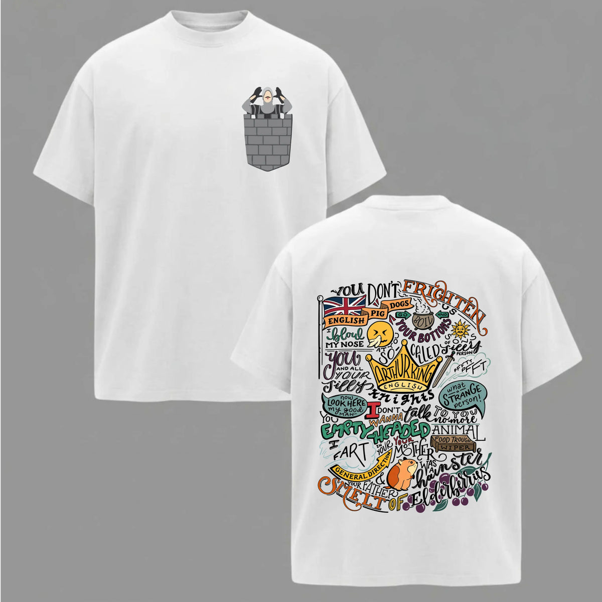 Monty Python and the Holy Grail 2-Sided Graphic T-Shirt, Sweatshirt & Hoodie – Classic British Comedy Movie Shirt