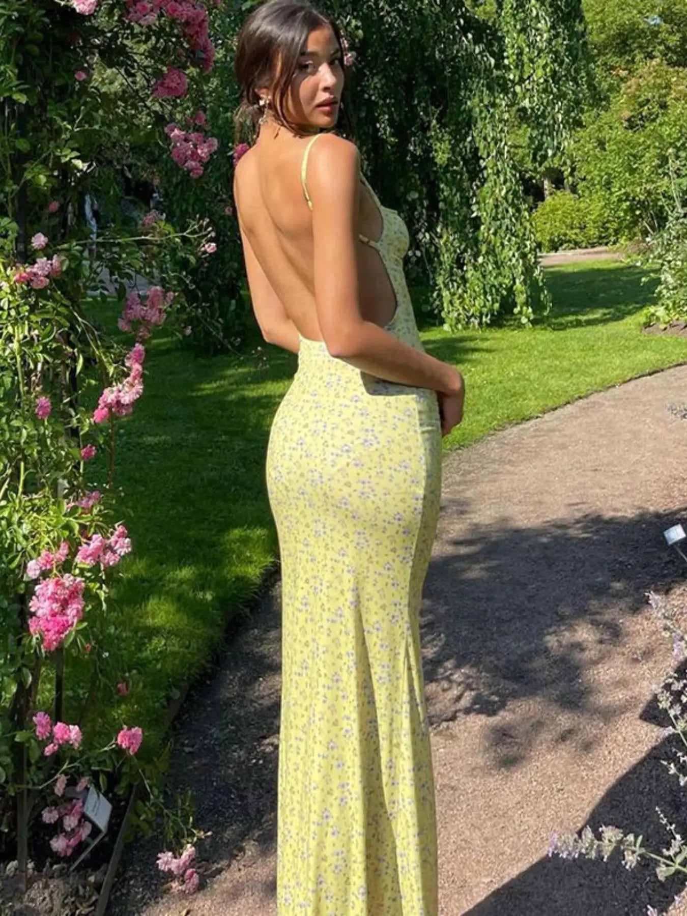 Women's Ditsy Floral Maxi Dress – Backless Spaghetti Strap Cami Dress, Boho Summer Vacation & Beach Outfit