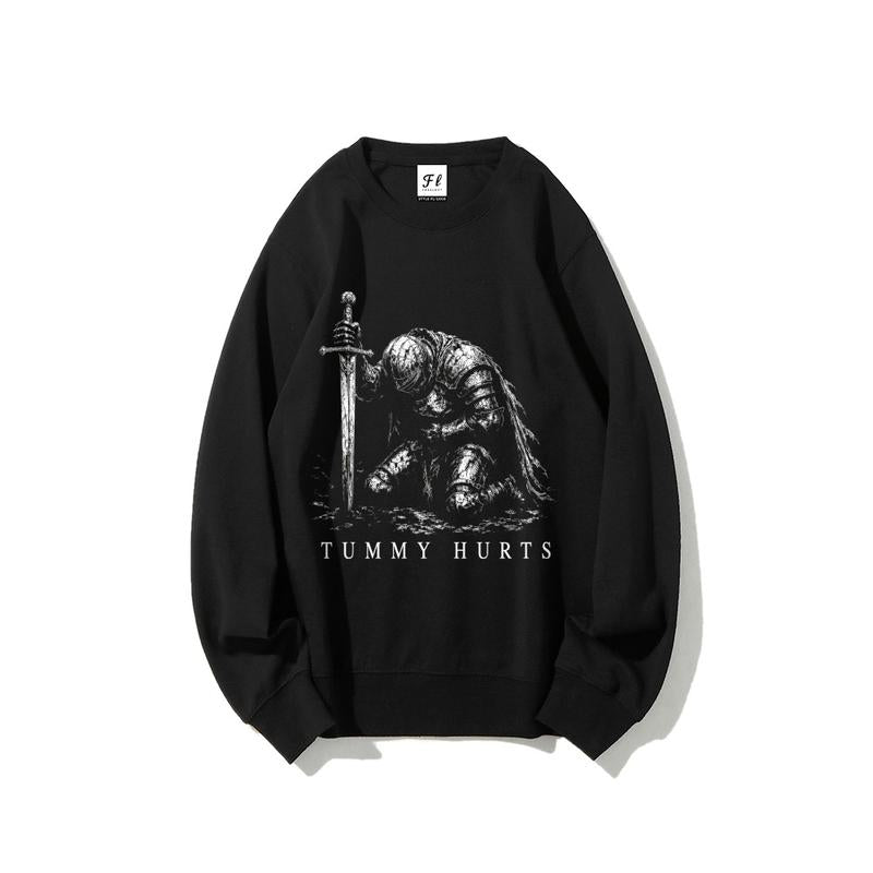 Tummy Hurts Kneeling Knight T-Shirt, Sweatshirt & Hoodie – Funny Medieval Dark Fantasy Graphic Apparel