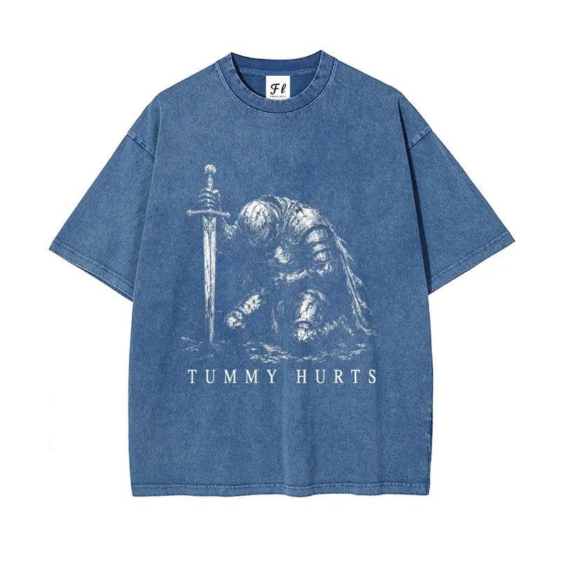 Tummy Hurts Kneeling Knight T-Shirt, Sweatshirt & Hoodie – Funny Medieval Dark Fantasy Graphic Apparel