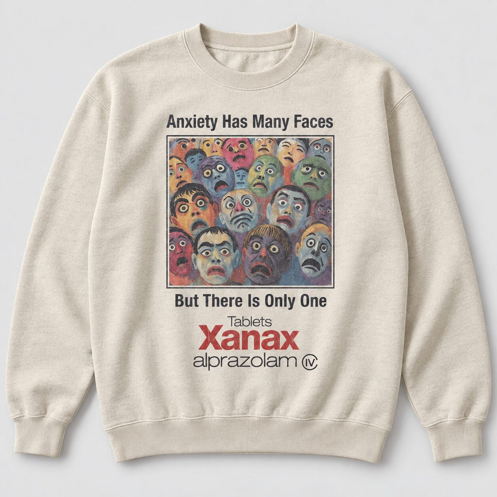 Anxiety Has Many Faces Y2K Graphic T-Shirt, Sweatshirt & Hoodie – Vintage Parody Grunge Alternative Streetwear
