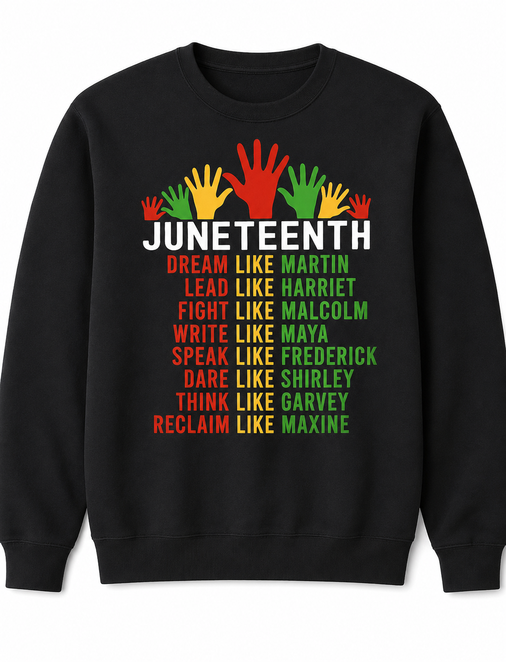 Women's & Men's Black Juneteenth T-Shirt/Sweatshirt/Hoodie - 100% Short Sleeve Crew Neck with African History Icons (Martin, Malcolm, Maya, Garvey) - Casual Juneteenth Celebration Apparel, Regular Fit Unisex Tee