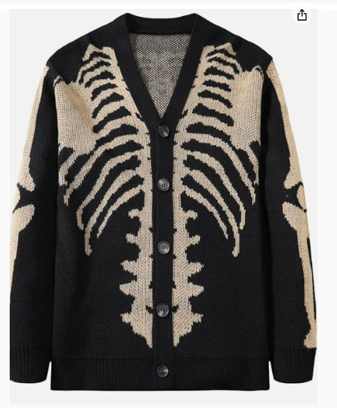 Men’s Skeleton Rib Cage Knit Cardigan – Gothic V-Neck Button-Up Sweater, Oversized Halloween Streetwear