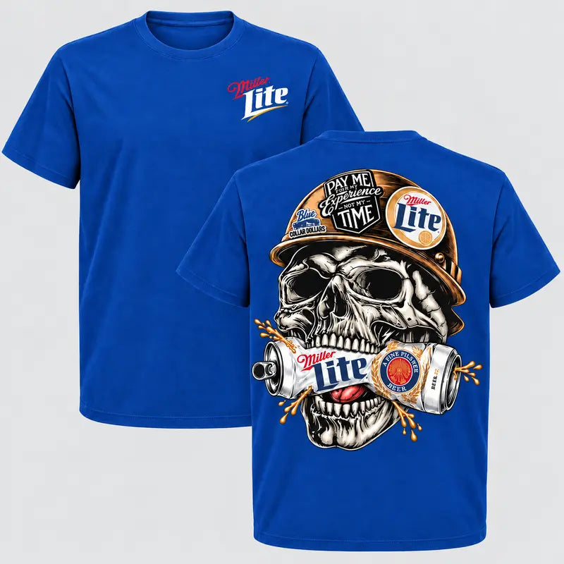 Miller Lite Skull Blue Collar Graphic T-Shirt, Sweatshirt & Hoodie – Beer Lover Workwear & Tradesman Graphic Apparel
