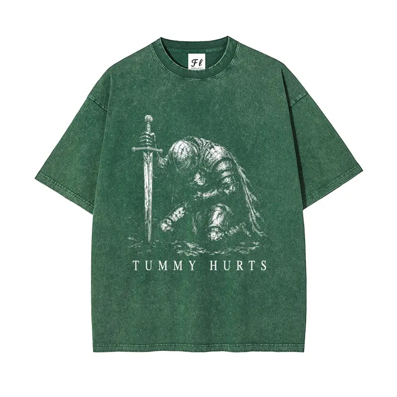 Tummy Hurts Kneeling Knight T-Shirt, Sweatshirt & Hoodie – Funny Medieval Dark Fantasy Graphic Apparel
