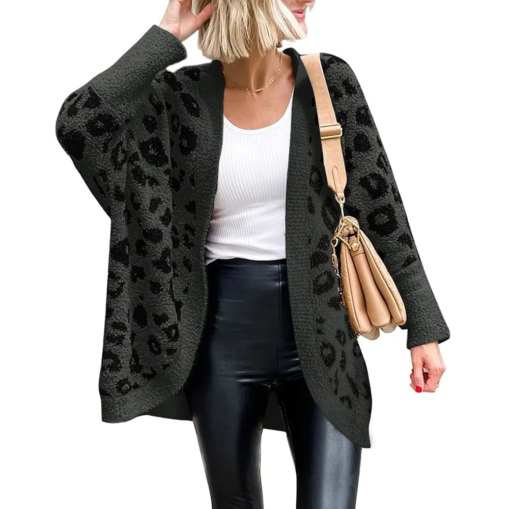 Leopard Print Fuzzy Knit Cardigan – Cozy Open Front Oversized Sweater, Casual Fall & Winter Layering