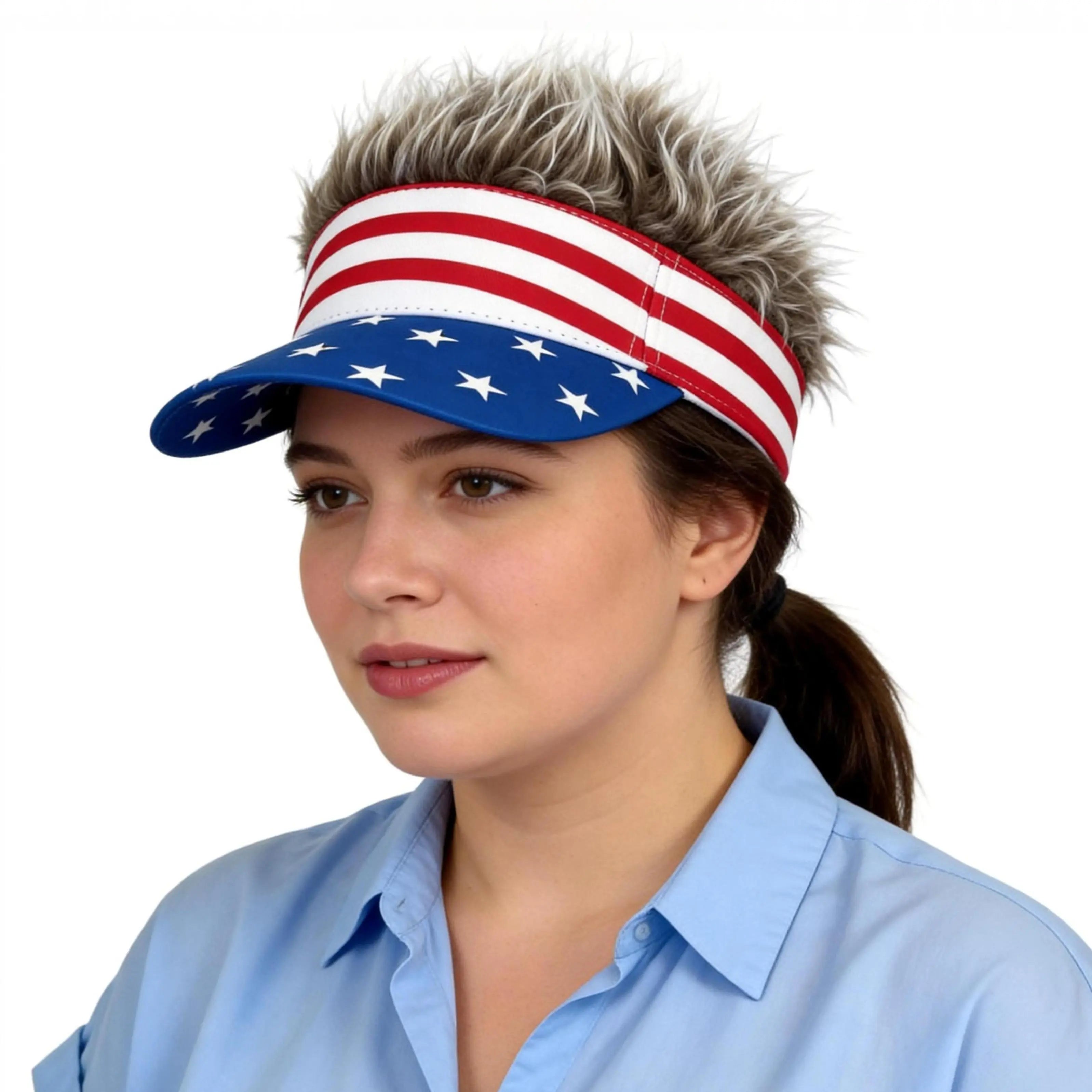 American Flag Visor Wig Hat – Patriotic Stars & Stripes Hair Visor for America 250 & 4th of July