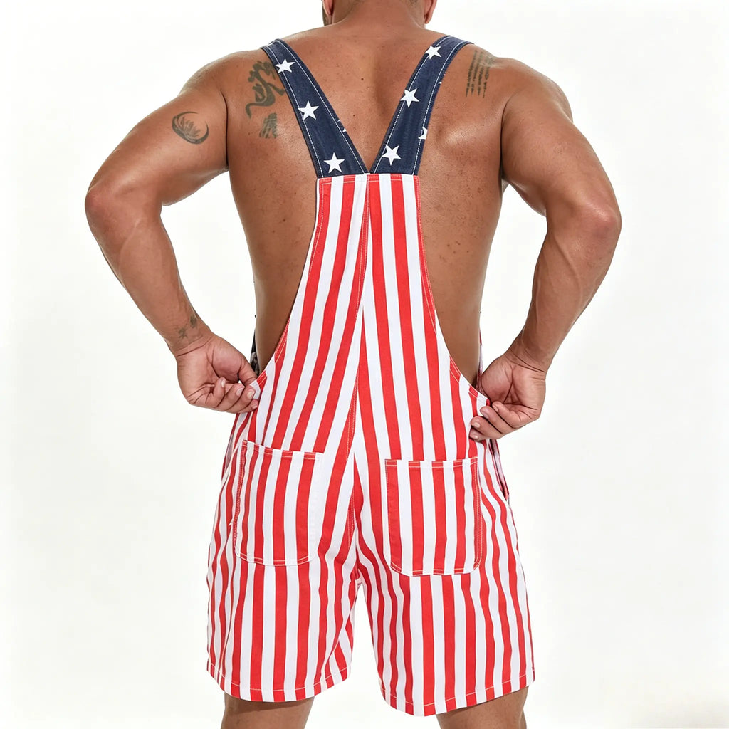 Unisex US Flag-Print Cropped Denim Overalls - Patriotic Summer Party Fashion Accessory Set Casual Fit Button Man
