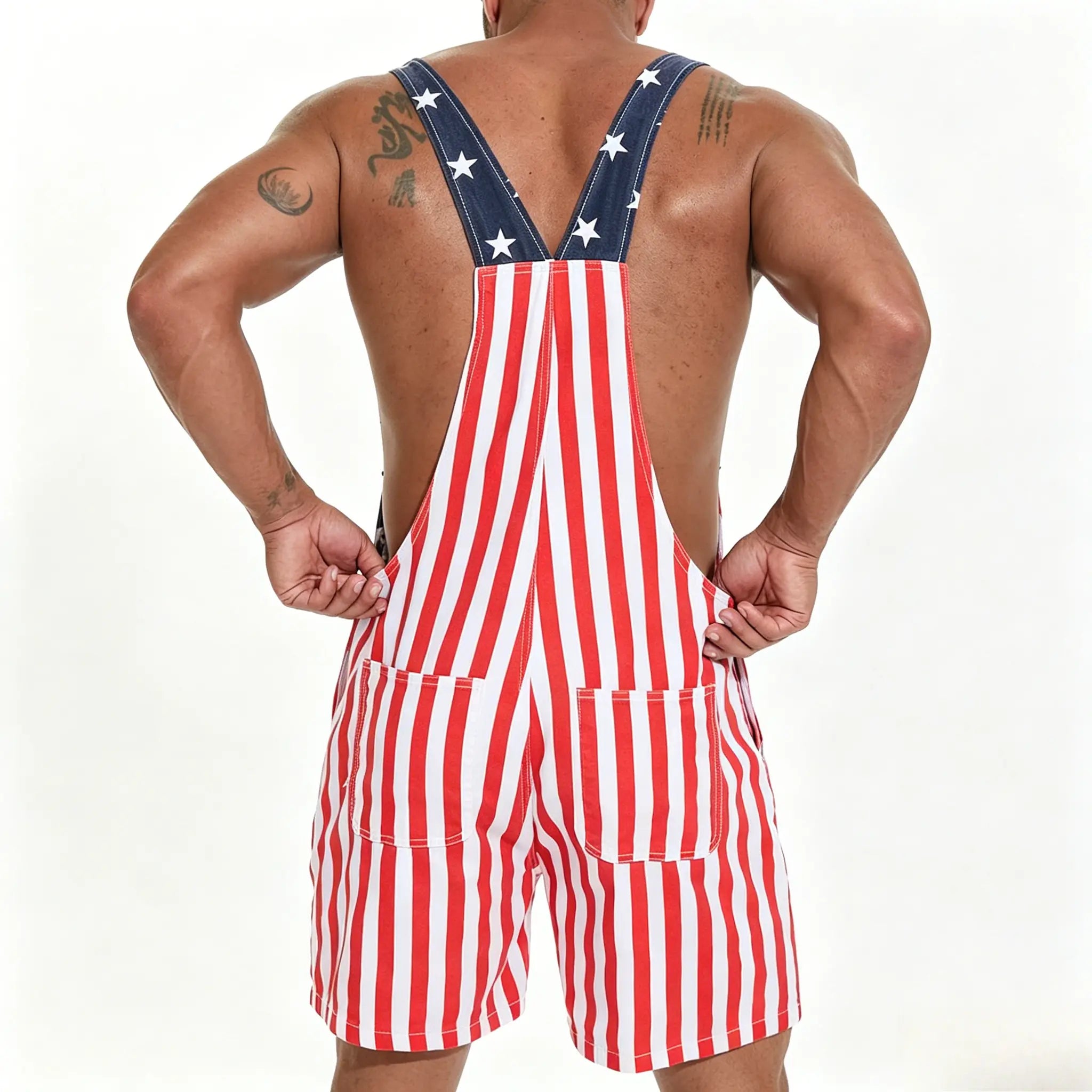 Unisex US Flag-Print Cropped Denim Overalls - Patriotic Summer Party Fashion Accessory Set Casual Fit Button Man