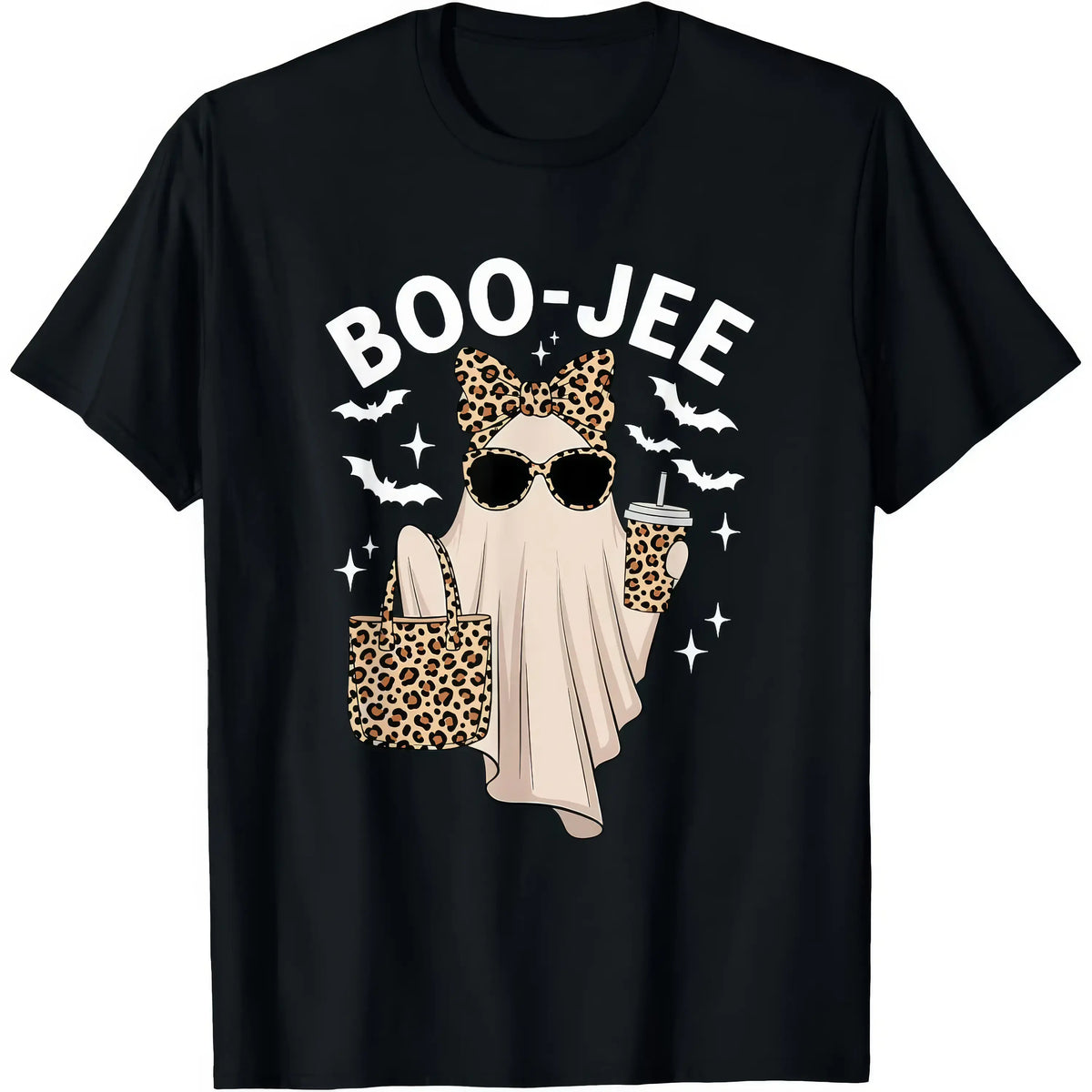 Boo-Jee Ghost Graphic T-Shirt, Sweatshirt & Hoodie – Leopard Print Halloween Ghost, Funny Coffee Spooky Season Apparel