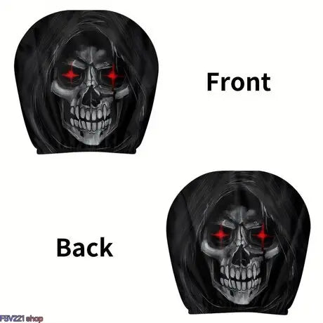 2-Pack Halloween Grim Reaper Car Headrest Covers – Red-Eyed Skull Print Auto Interior Decoration, Spooky Hooded Seat Accessories for Cars