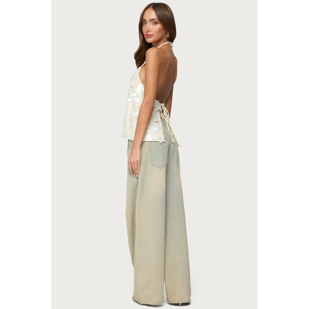 Women's Sequin Halter Top – Backless Sleeveless Party Tank, Elegant Summer Going Out Blouse