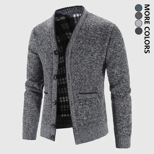 Men’s Shawl Collar Knit Cardigan – Plaid Lined Button Front Thick Warm Sweater, Classic Casual Fall & Winter Style