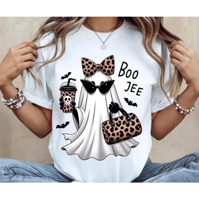 Boo-Jee Ghost Graphic T-Shirt, Sweatshirt & Hoodie – Leopard Print Halloween Ghost Design, Funny Fall Streetwear Apparel